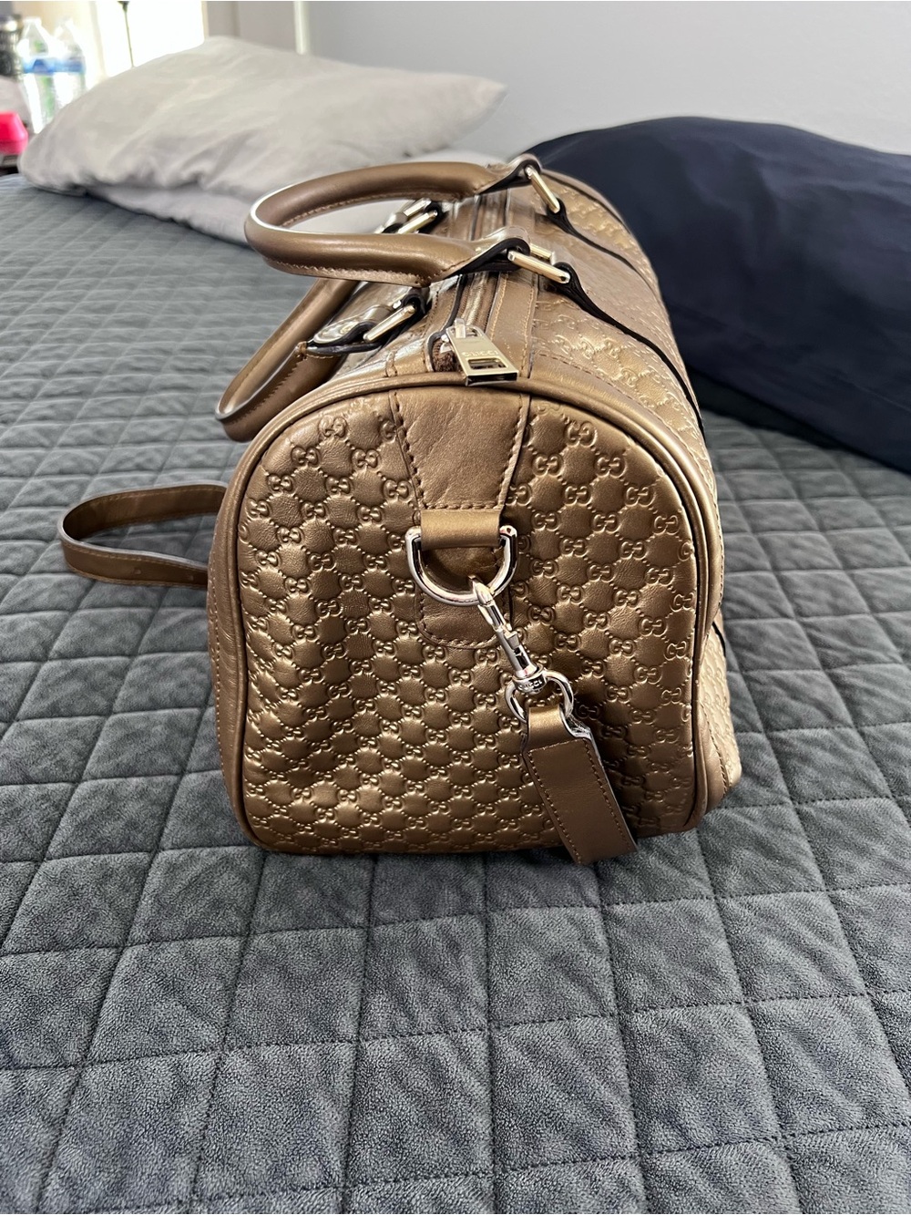 Gucci Boston Purse Metallic Bronze Duffle Bag Style Gold Crossbody Strap - Picture 3 of 16
